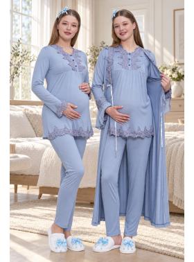 Mecit 1517 MAVİ Sabahlıklı Hamile Lohusa Pijama Takımı
